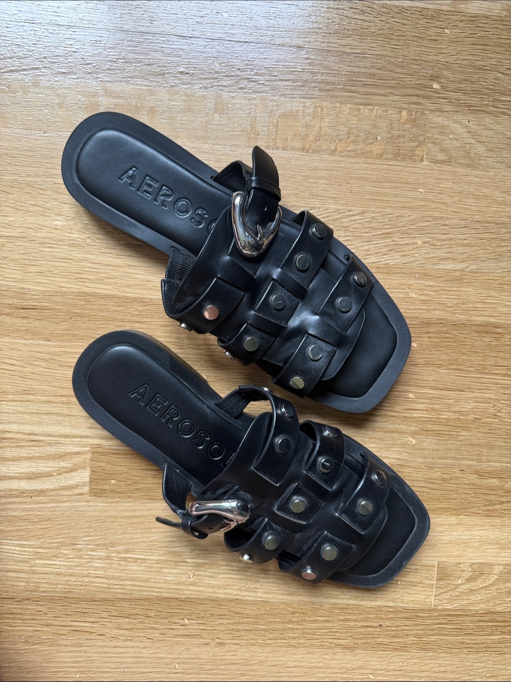 AEROSOLES Black Studded Buckle Slides
